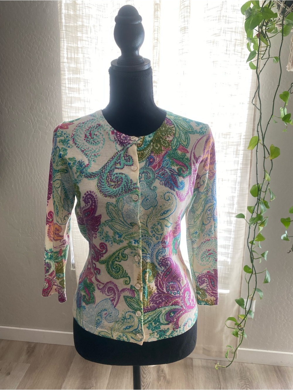 Garnet Hill 100% Merino Wool Paisley Cardigan Sweater